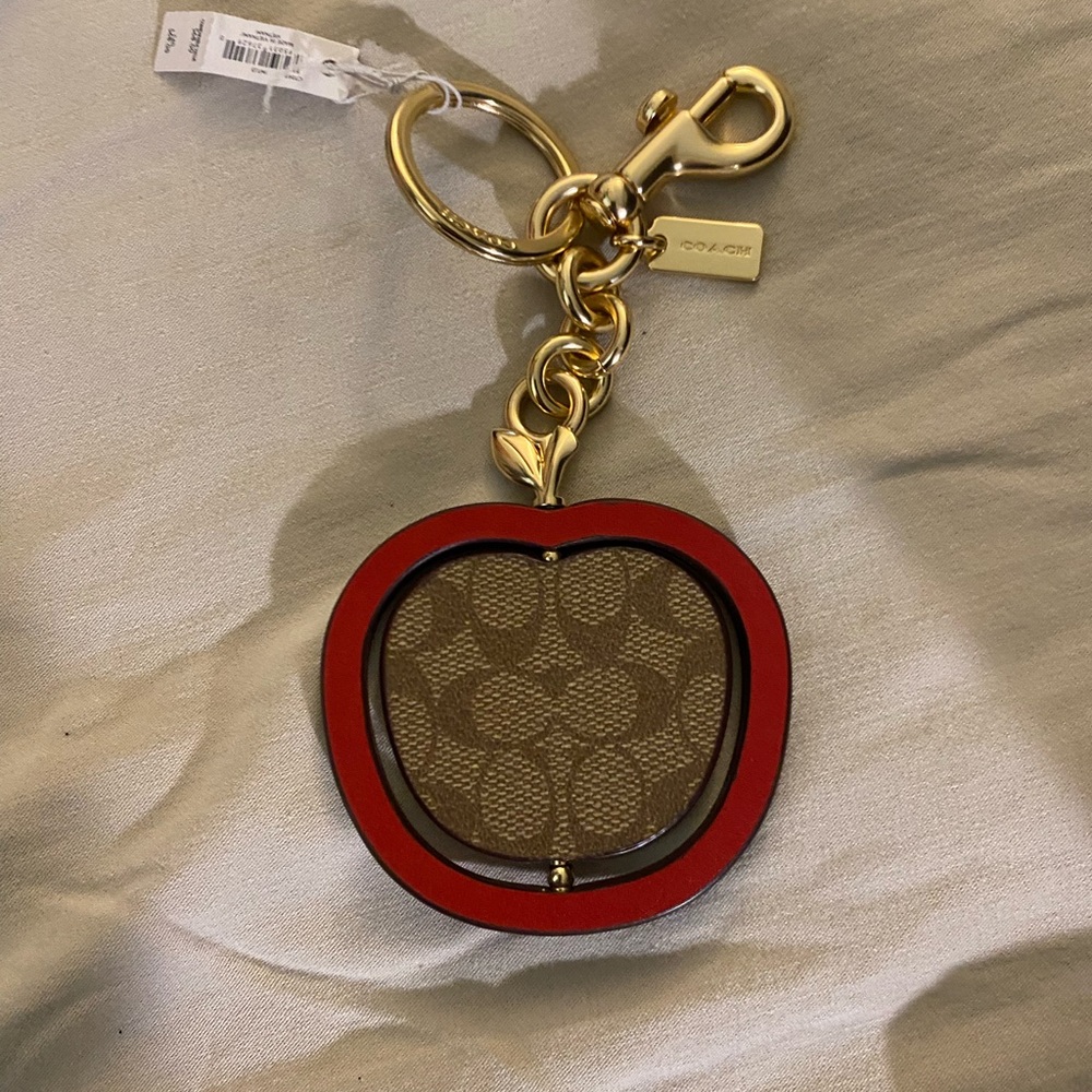COACH Signature Leather Spinning Apple Keychain Fob Purse Bag Charm NWT